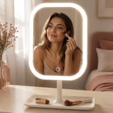 Настільне дзеркало для макіяжу з LED-підсвіткою, сенсорним керуванням та підставкою-органайзером